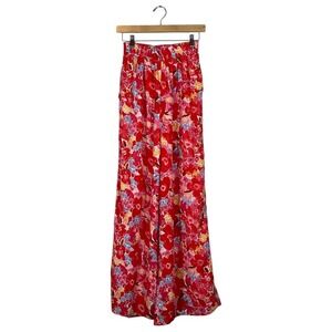 Pink Lily Floral Print Wide Leg Pants Red Pink Boho Smocked High Rise Size S